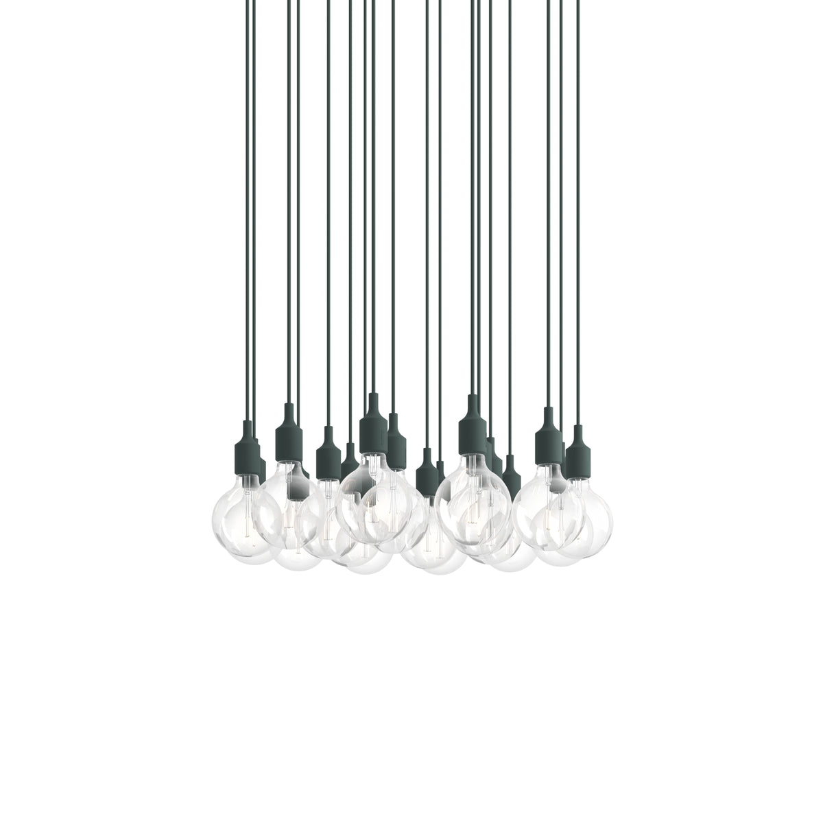 Muuto E27 Pendant Cluster - 18 - White / Dark Green; manufacturer arrangement with suspension cords continuing beyond the frame