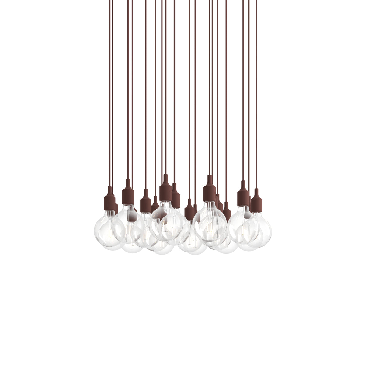 Muuto E27 Pendant Cluster - 18 - White / Deep Red; manufacturer arrangement with suspension cords continuing beyond the frame