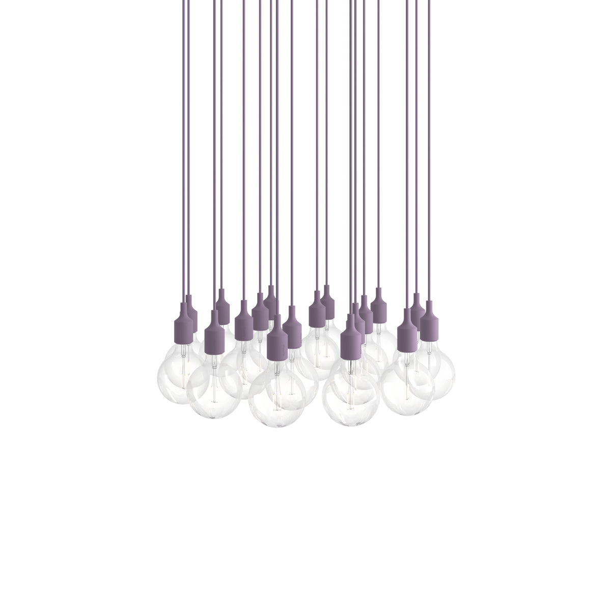 Muuto E27 Pendant Cluster - 18 - White / Dusty Lilac; manufacturer arrangement with suspension cords continuing beyond the frame