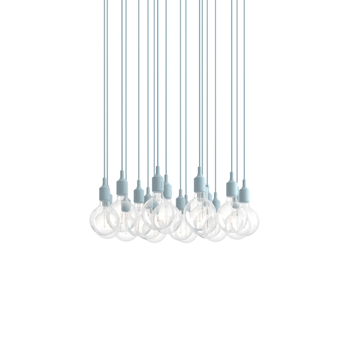 Muuto E27 Pendant Cluster - 18 - White / Light Blue; manufacturer arrangement with suspension cords continuing beyond the frame