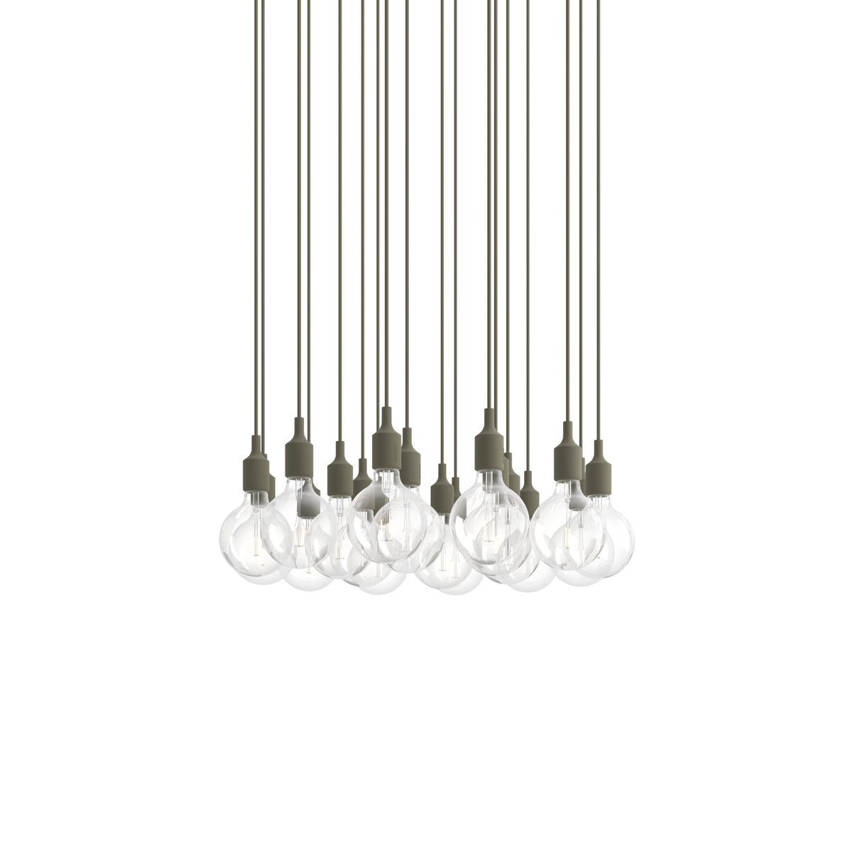 Muuto E27 Pendant Cluster - 18 - White / Olive; manufacturer arrangement with suspension cords continuing beyond the frame