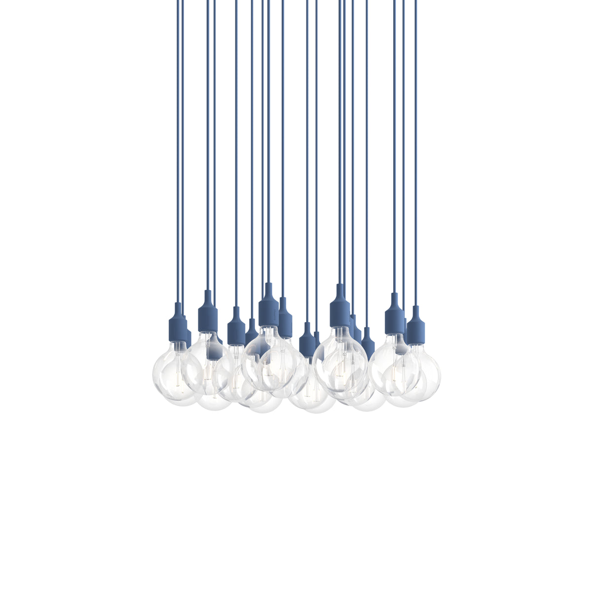 Muuto E27 Pendant Cluster - 18 - White / Pale Blue; manufacturer arrangement with suspension cords continuing beyond the frame