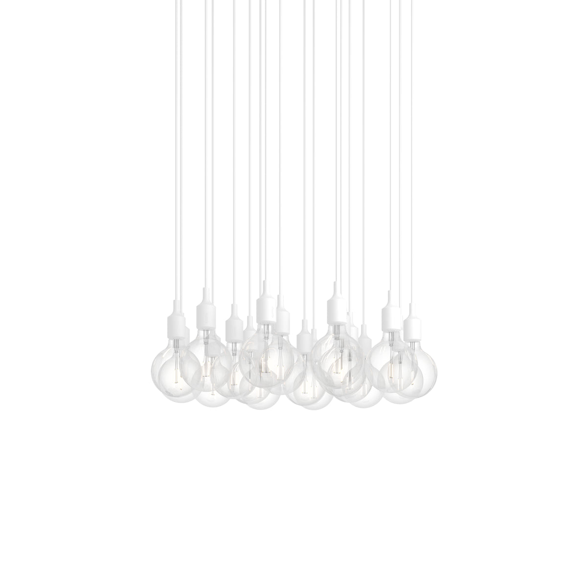 Muuto E27 Pendant Cluster - 18 - White / White; manufacturer arrangement with suspension cords continuing beyond the frame