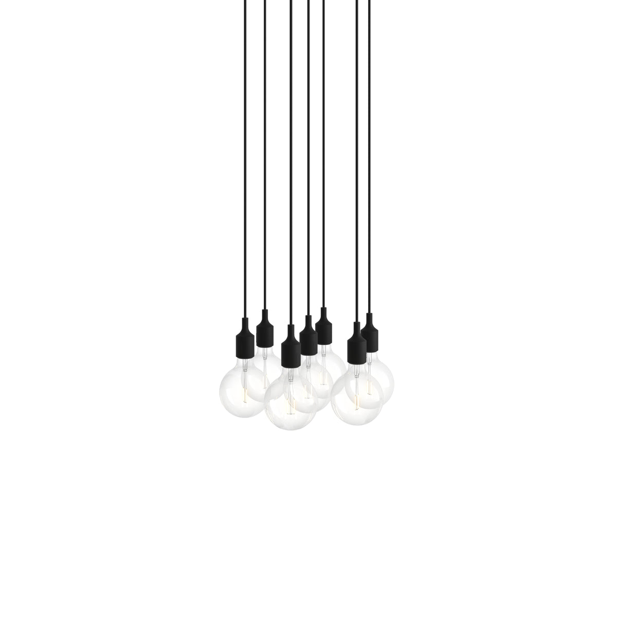 Muuto E27 Pendant Cluster - 7 - White / Black; manufacturer arrangement with suspension cords continuing beyond the frame