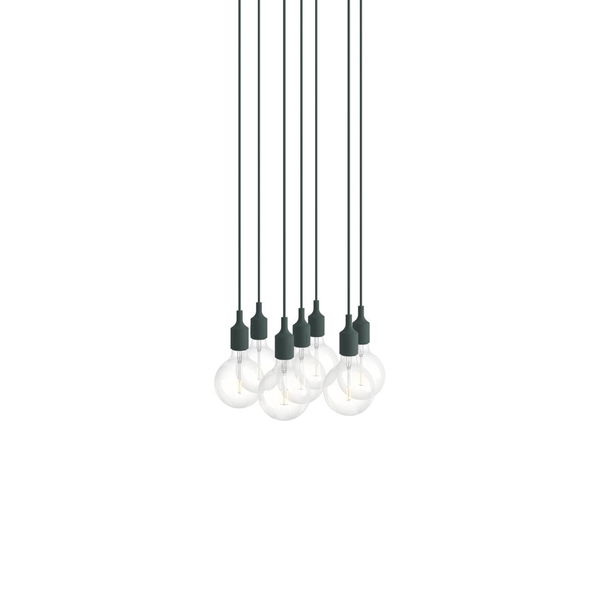 Muuto E27 Pendant Cluster - 7 - White / Dark Green; manufacturer arrangement with suspension cords continuing beyond the frame
