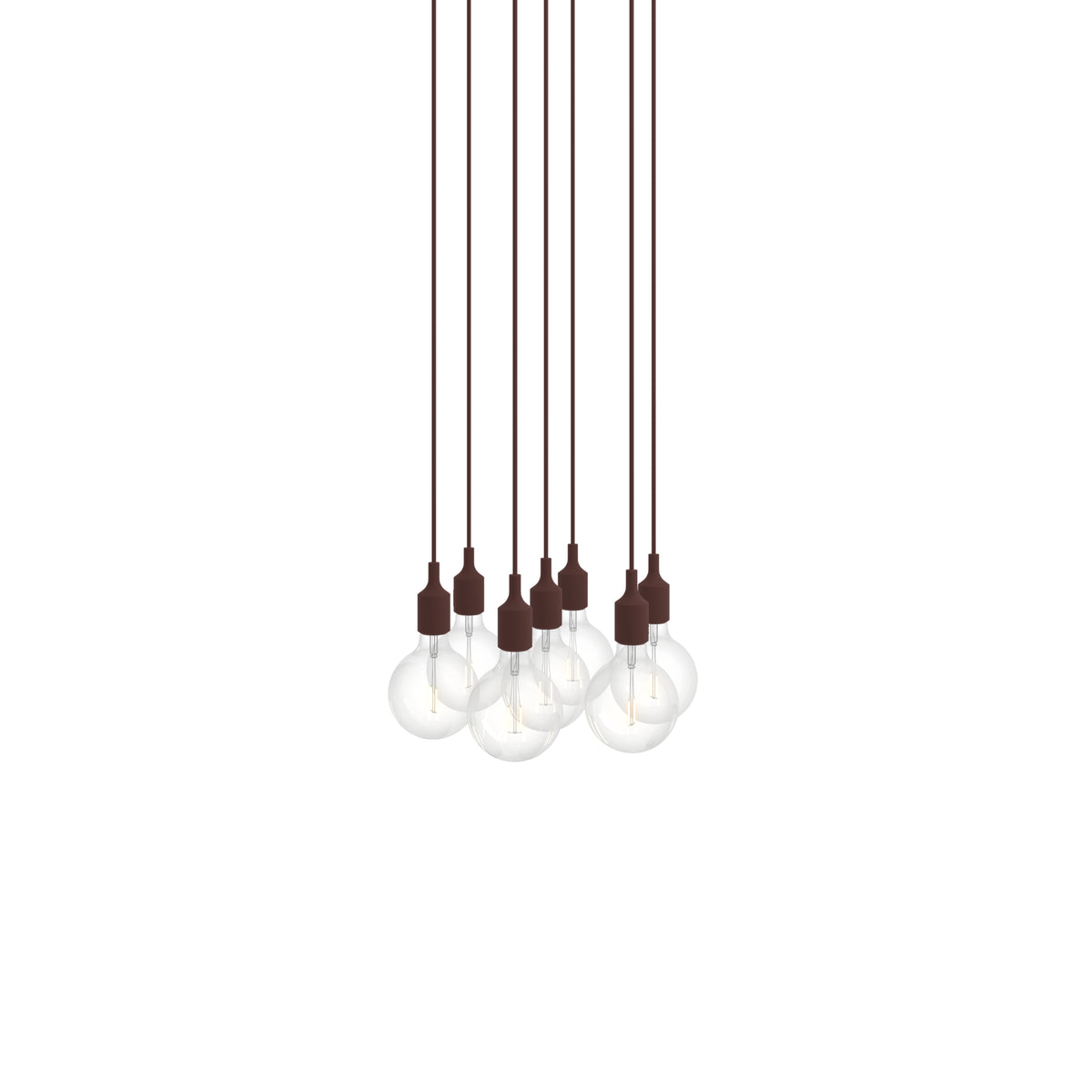 Muuto E27 Pendant Cluster - 7 - White / Deep Red; manufacturer arrangement with suspension cords continuing beyond the frame