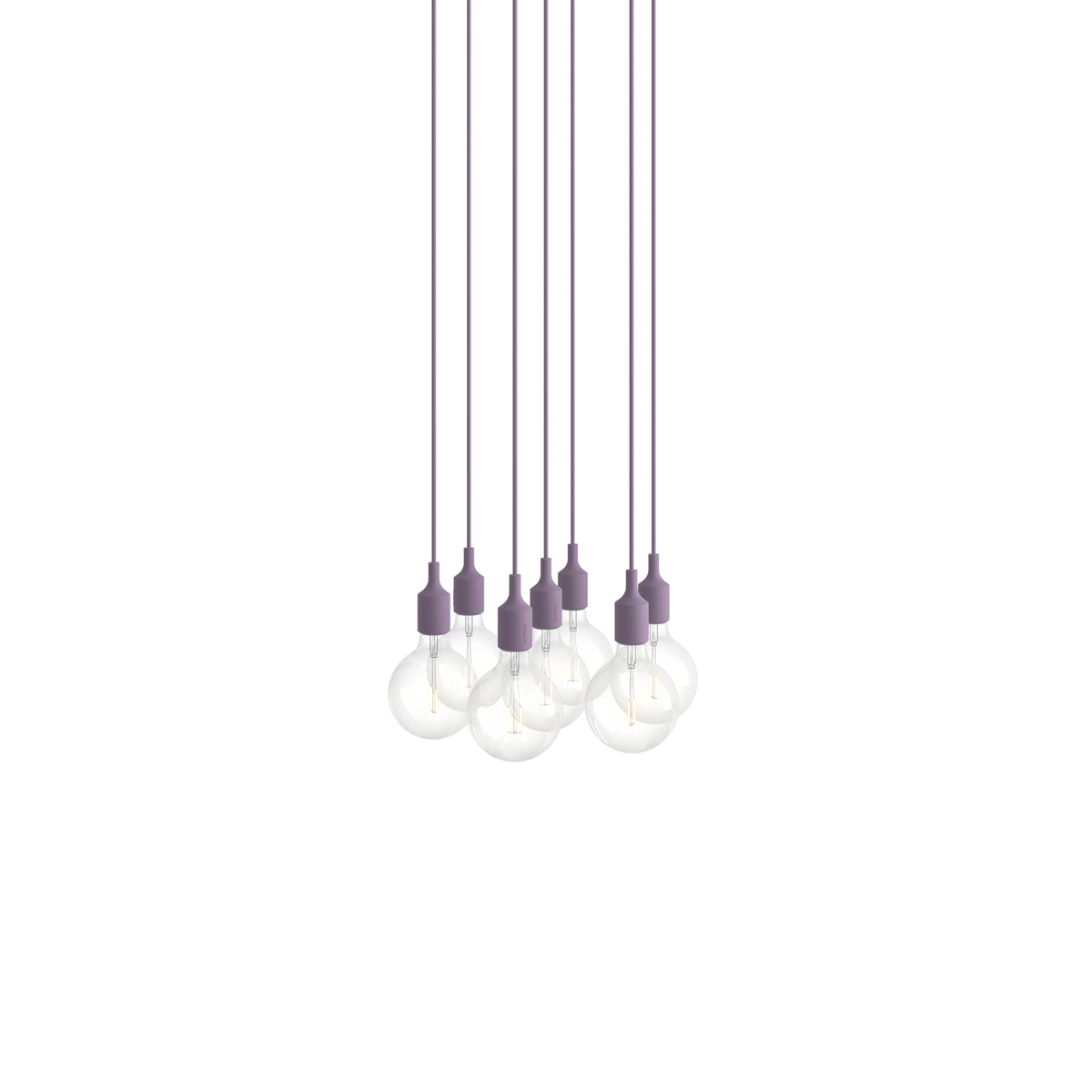 Muuto E27 Pendant Cluster - 7 - White / Dusty Lilac; manufacturer arrangement with suspension cords continuing beyond the frame