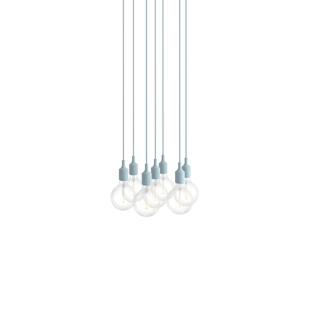 Muuto E27 Pendant Cluster - 7 - White / Light Blue; manufacturer arrangement with suspension cords continuing beyond the frame