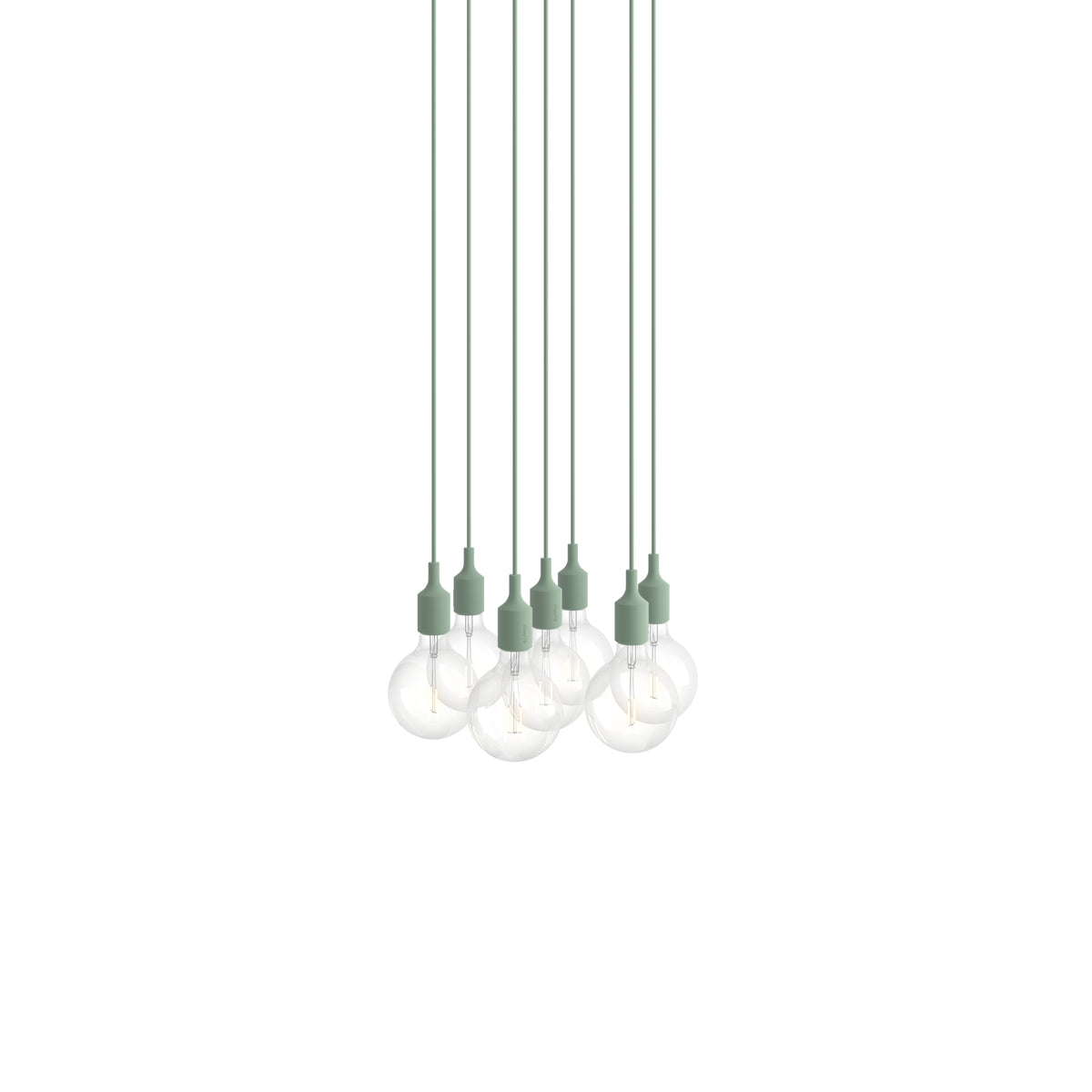 Muuto E27 Pendant Cluster - 7 - White / Light Green; manufacturer arrangement with suspension cords continuing beyond the frame