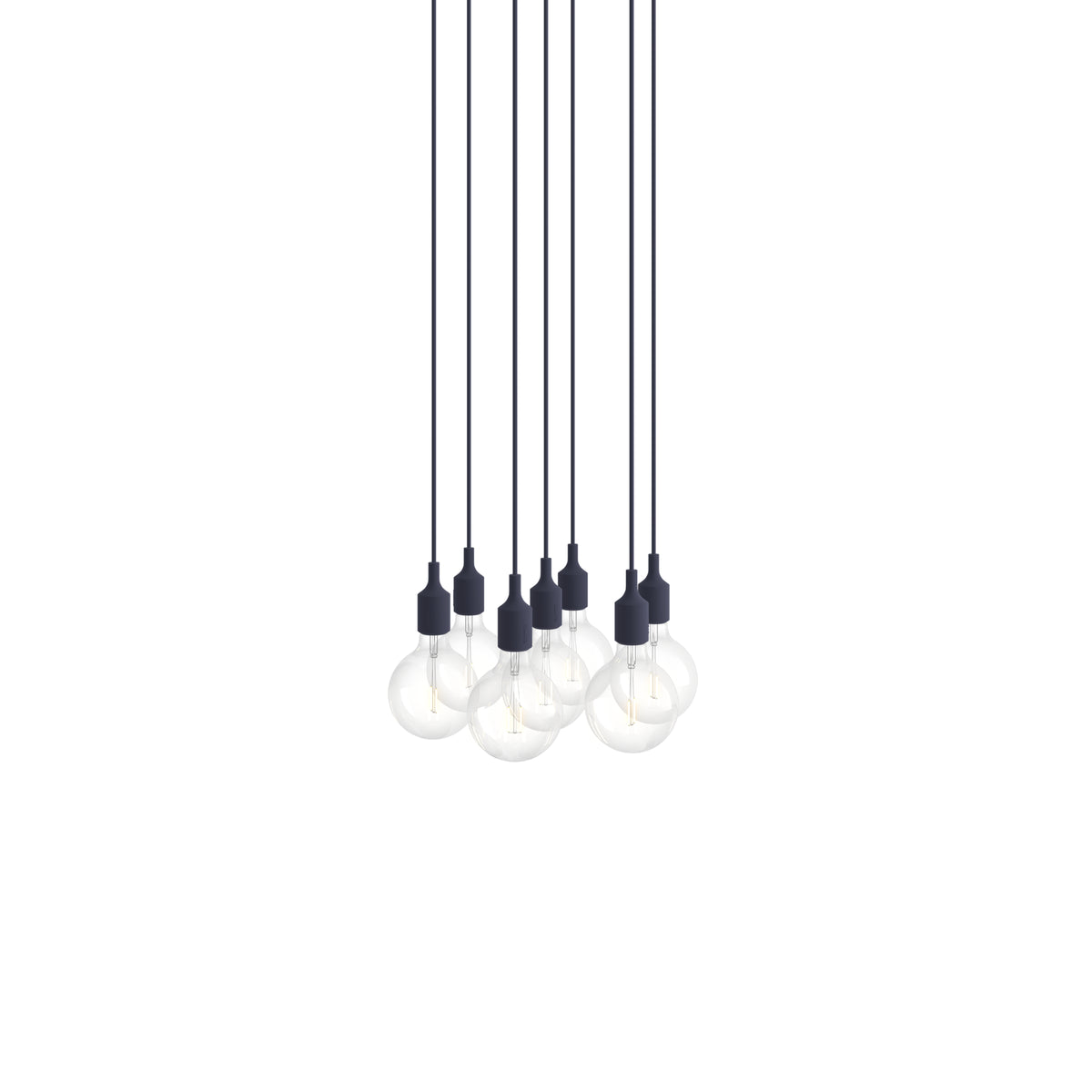 Muuto E27 Pendant Cluster - 7 - White / Midnight Blue; manufacturer arrangement with suspension cords continuing beyond the frame