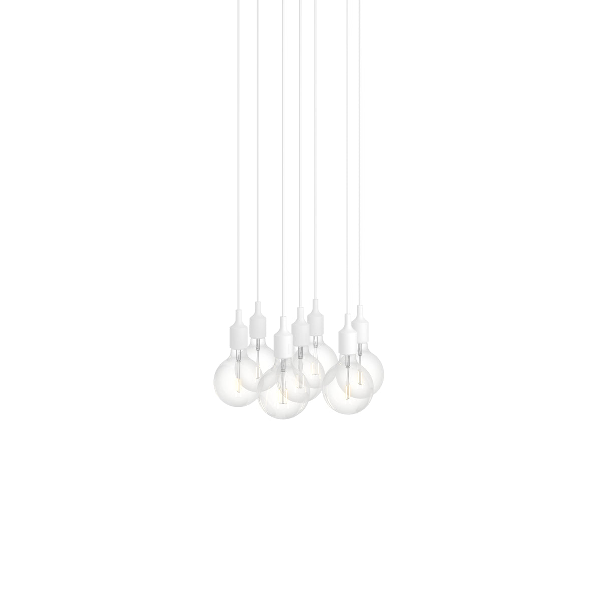 Muuto E27 Pendant Cluster - 7 - White / White; manufacturer arrangement with suspension cords continuing beyond the frame