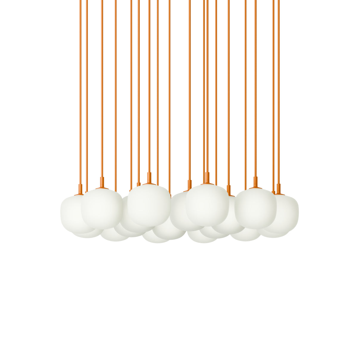 Muuto Rime Pendant Cluster - Ø12 - 18 - White / Orange; manufacturer arrangement with suspension cords continuing beyond the frame