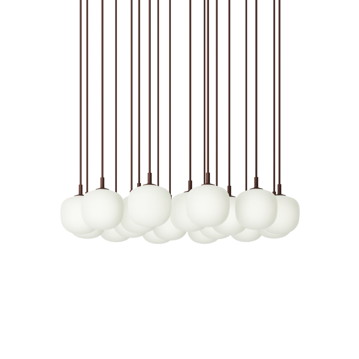 Muuto Rime Pendant Cluster - Ø12 - 18 - White / Deep Red; manufacturer arrangement with suspension cords continuing beyond the frame