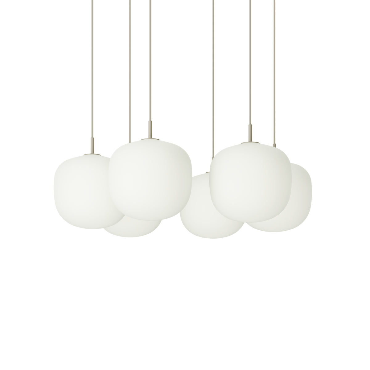Muuto Rime Pendant Cluster - Ø25 - 6 - White / Grey; manufacturer arrangement with suspension cords continuing beyond the frame
