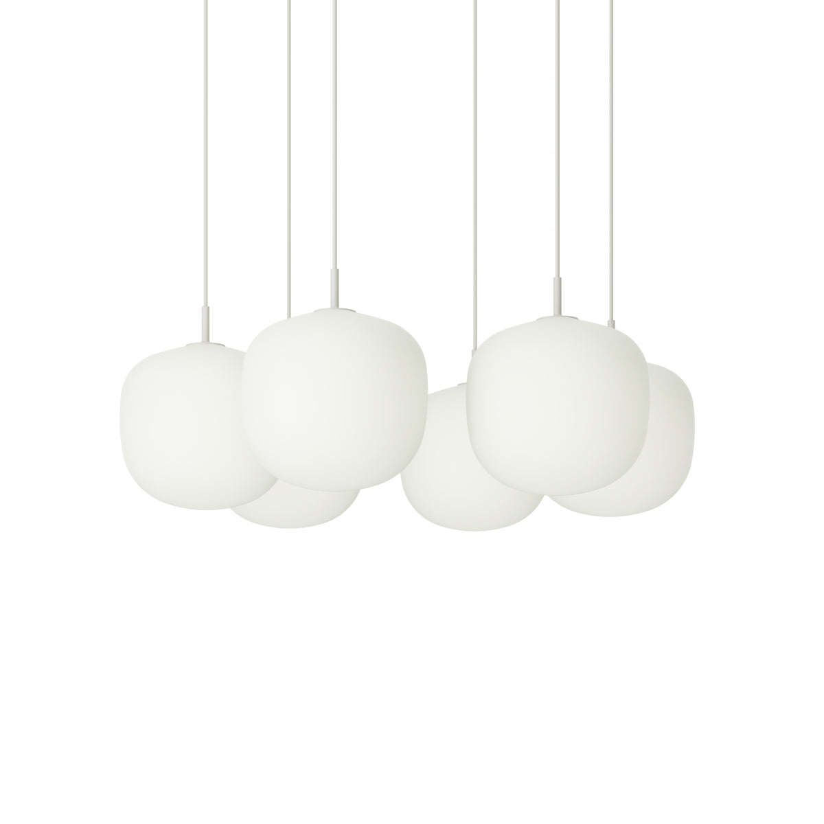 Muuto Rime Pendant Cluster - Ø25 - 6 - White / White; manufacturer arrangement with suspension cords continuing beyond the frame