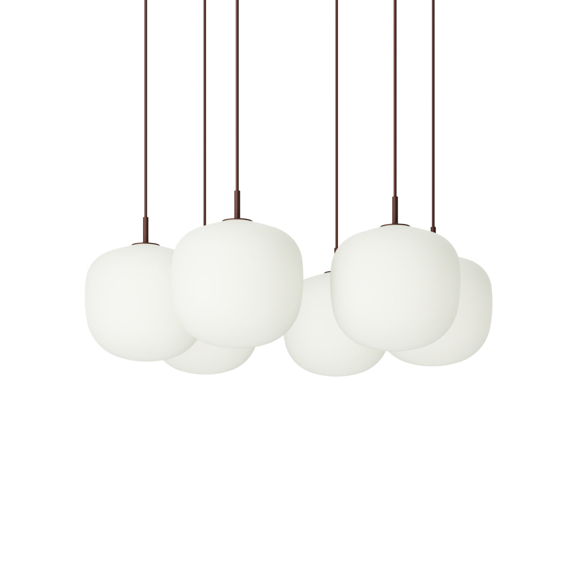Muuto Rime Pendant Cluster - Ø25 - 6 - White / Deep Red; manufacturer arrangement with suspension cords continuing beyond the frame