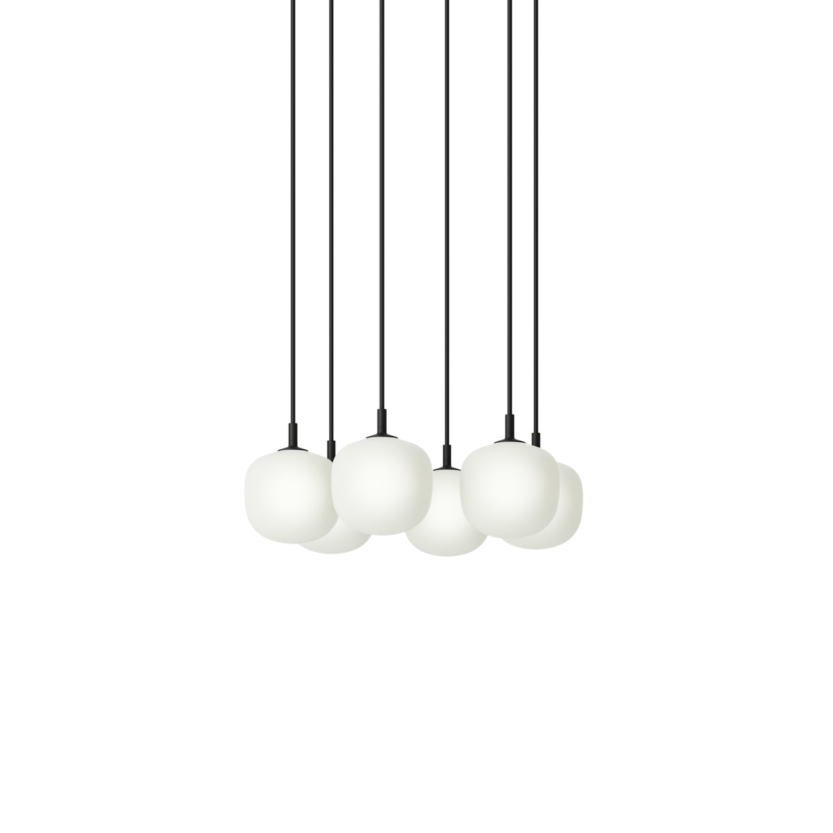Muuto Rime Pendant Cluster - Ø12 - 6 - White / Black; manufacturer arrangement with suspension cords continuing beyond the frame