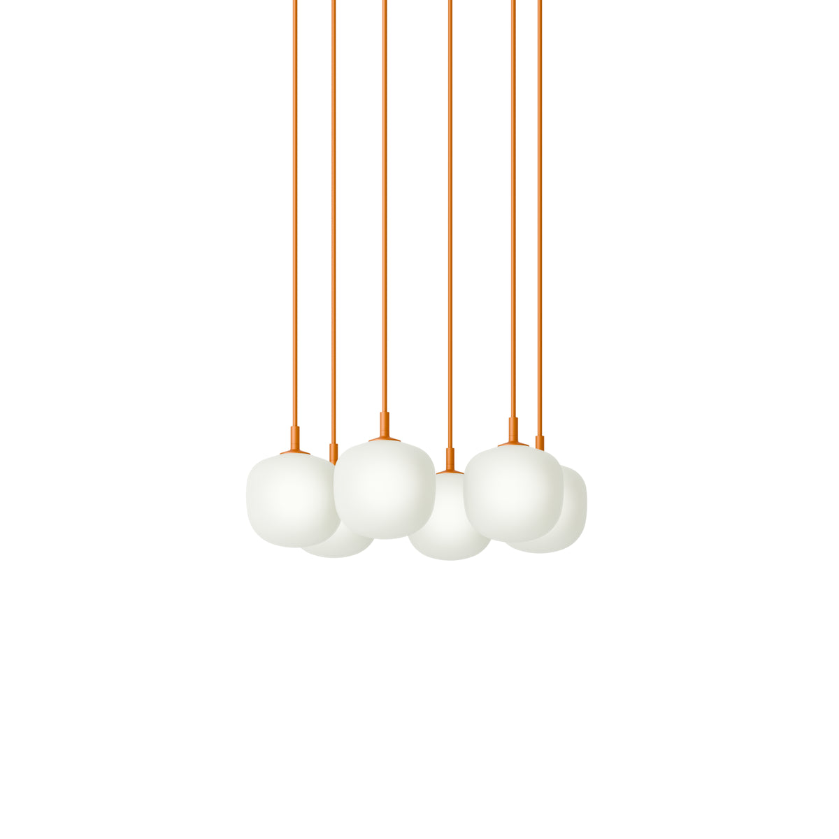 Muuto Rime Pendant Cluster - Ø12 - 6 - White / Orange; manufacturer arrangement with suspension cords continuing beyond the frame