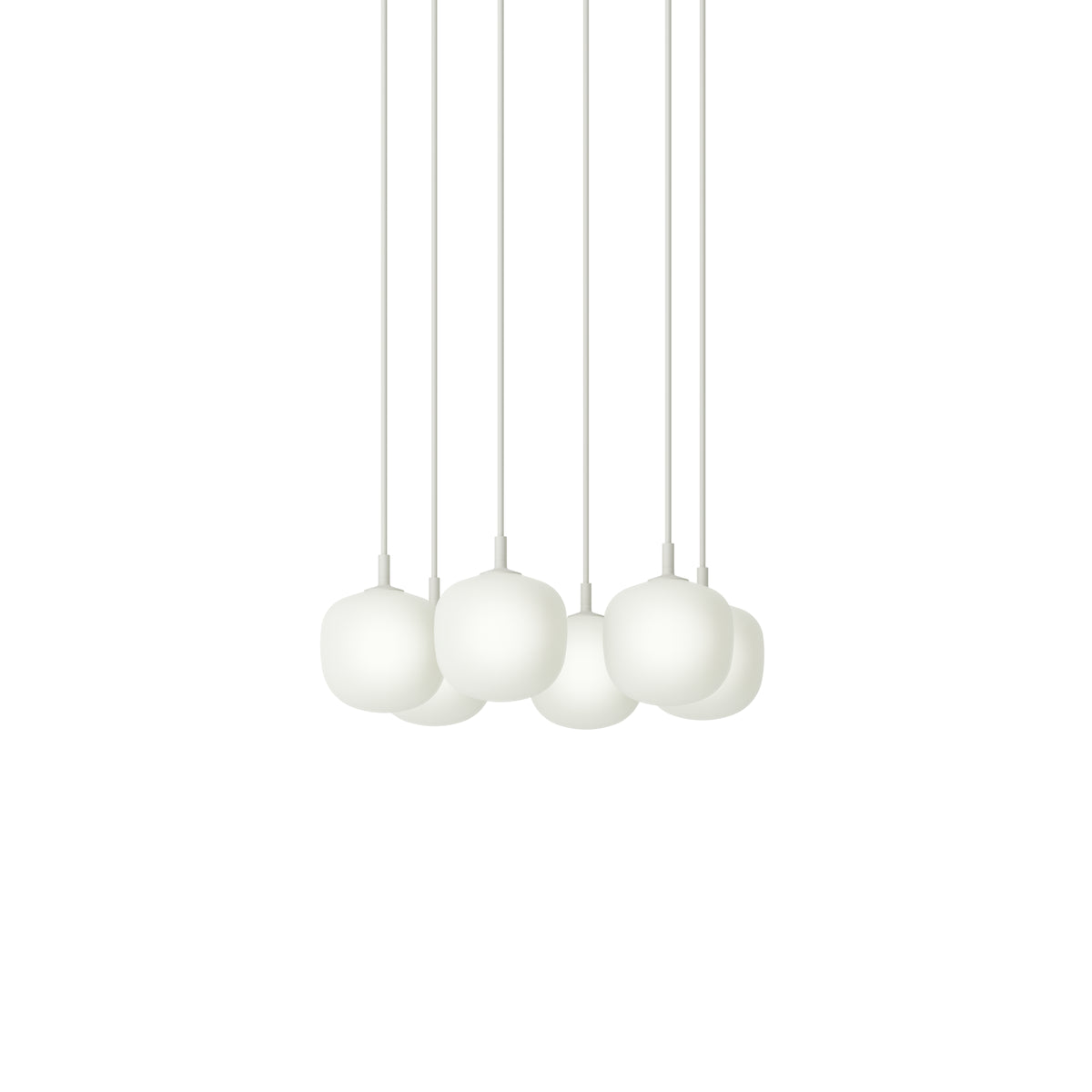 Muuto Rime Pendant Cluster - Ø12 - 6 - White / White; manufacturer arrangement with suspension cords continuing beyond the frame