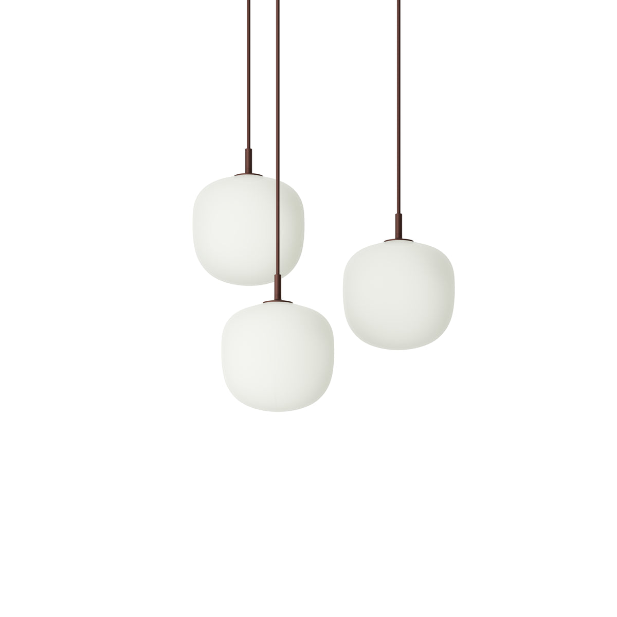 Muuto Rime Pendant Cluster - Ø18 - 3 - White / Deep Red; manufacturer arrangement with suspension cords continuing beyond the frame
