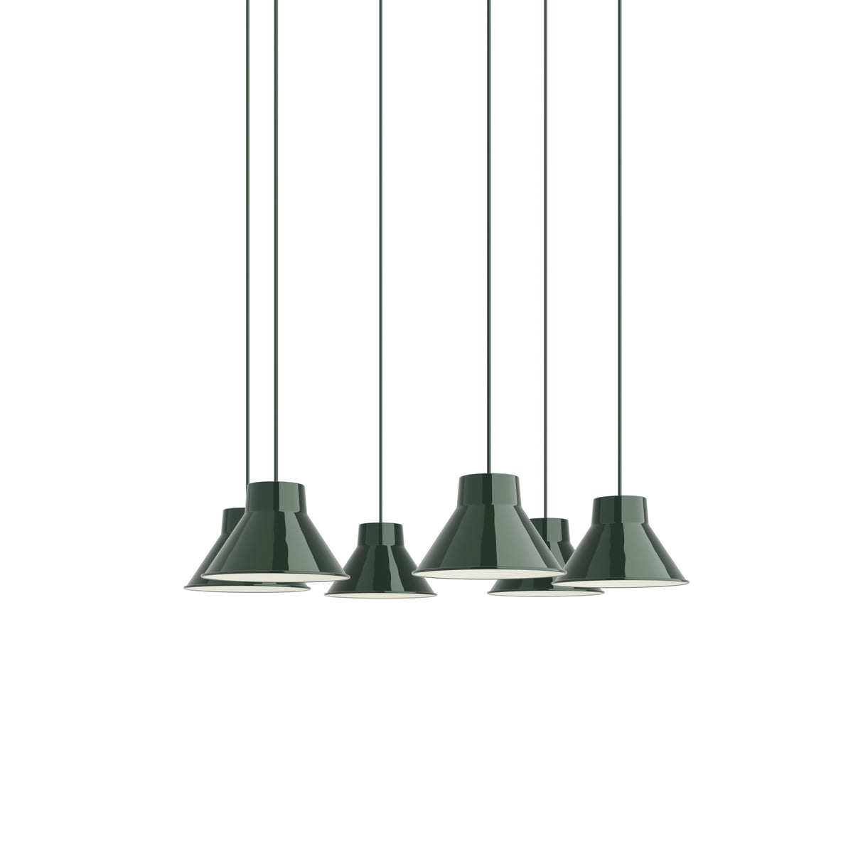 Muuto Top Pendant Cluster - Ø21 - 6 - White / Dark Green; manufacturer arrangement with suspension cords continuing beyond the frame