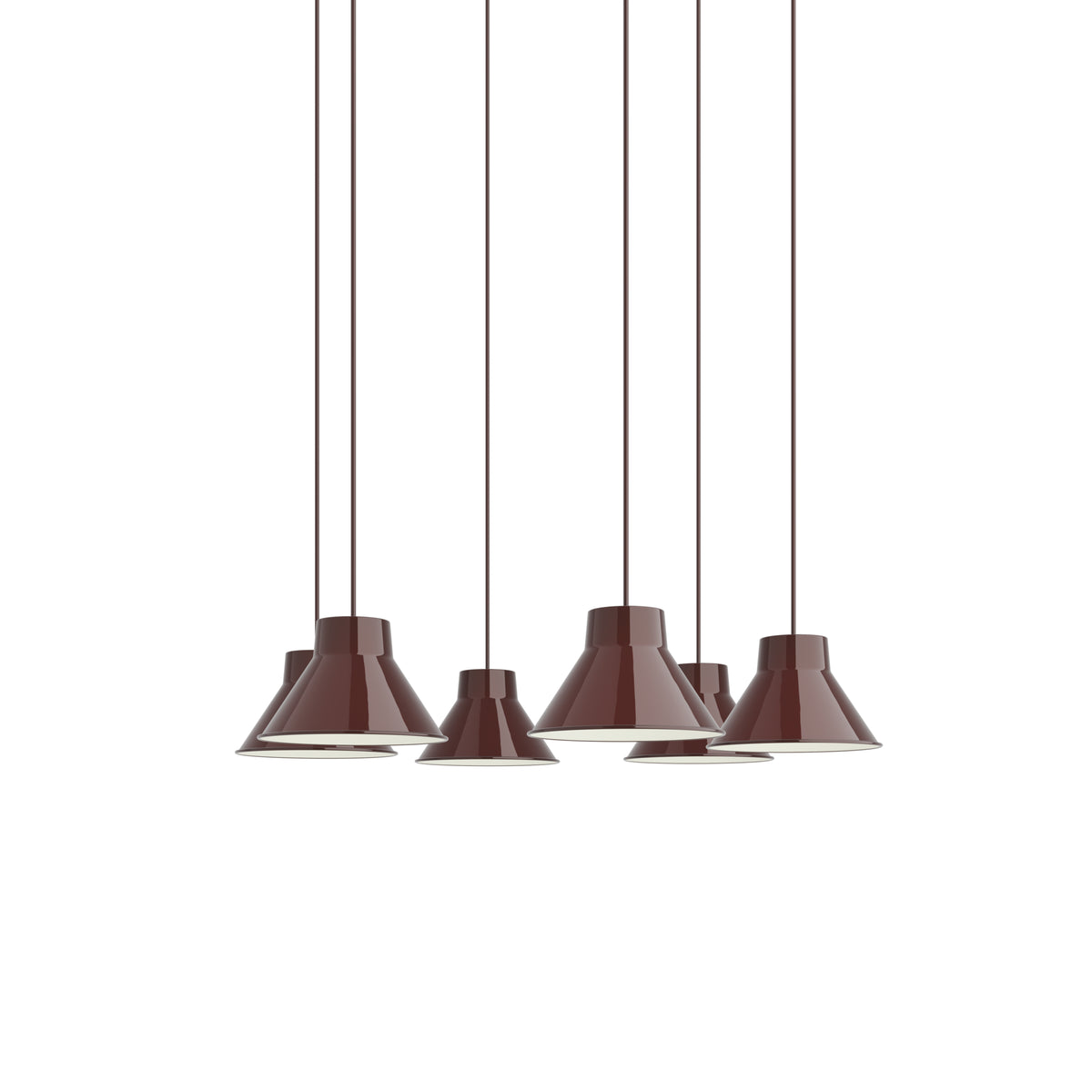 Muuto Top Pendant Cluster - Ø21 - 6 - White / Deep Red; manufacturer arrangement with suspension cords continuing beyond the frame