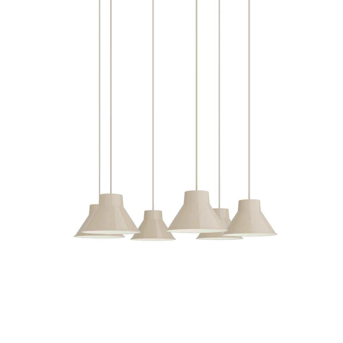 Muuto Top Pendant Cluster - Ø21 - 6 - White / Sand; manufacturer arrangement with suspension cords continuing beyond the frame