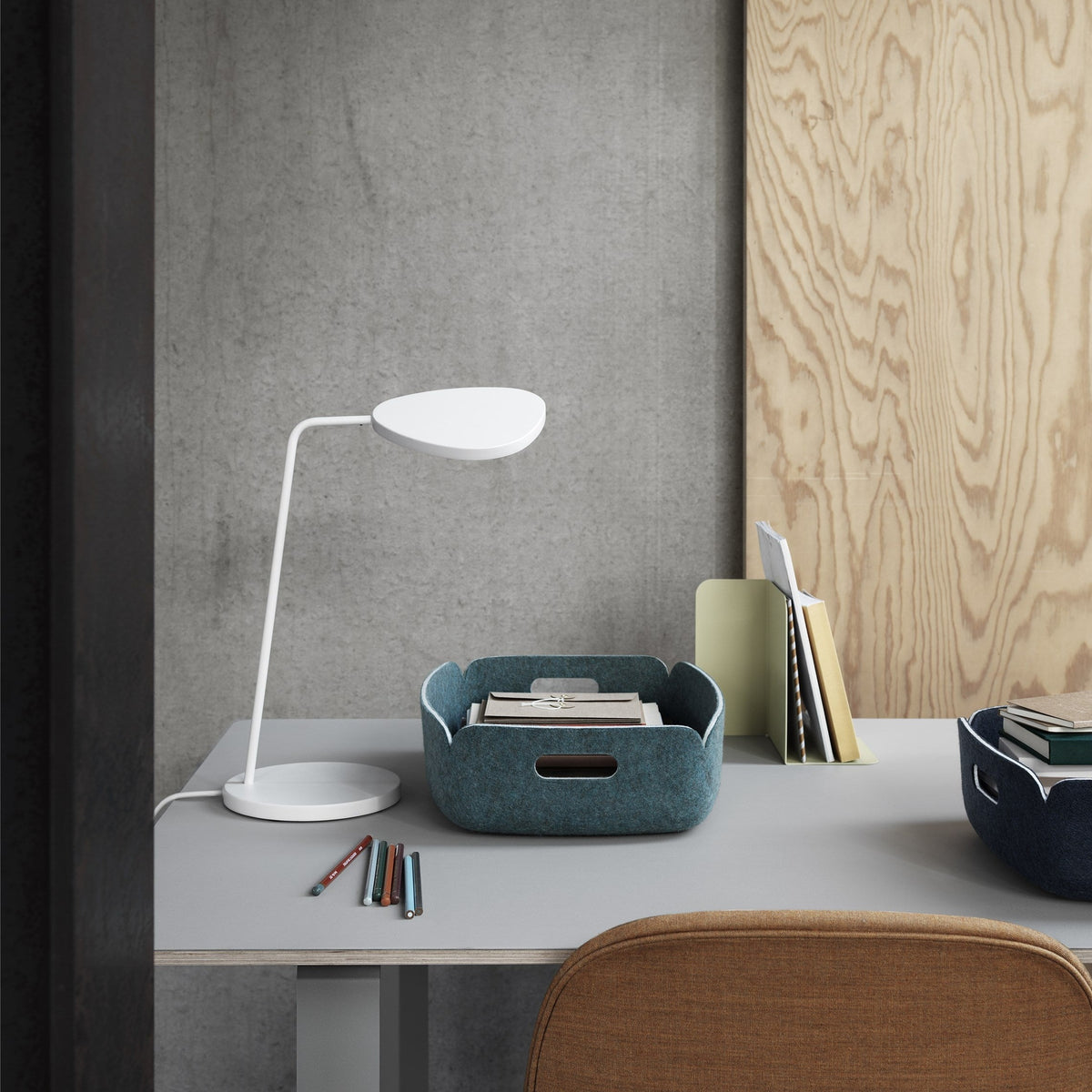 Muuto Leaf table lamp and storage in a home working corner