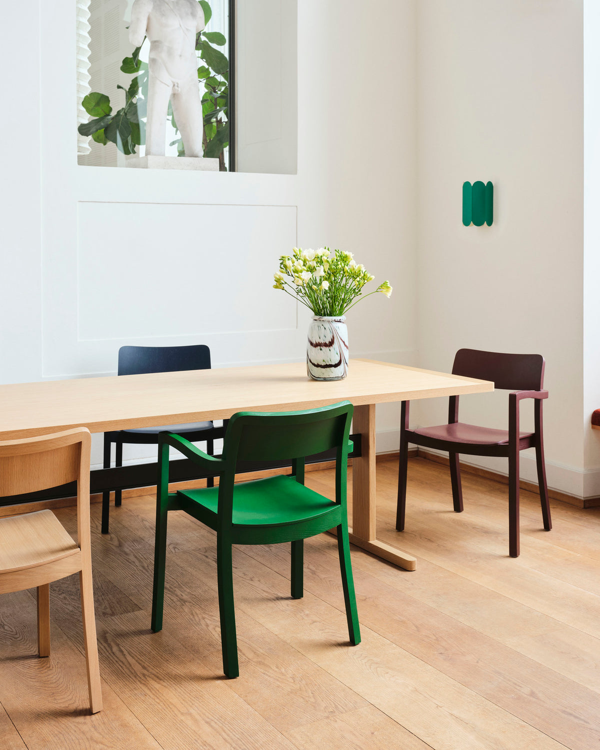 HAY Passerelle dining table with coloured Pastis chairs